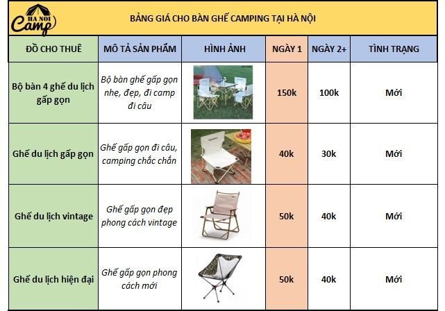 Giá cho thuê bàn ghế cắm trại tại Hà Nội